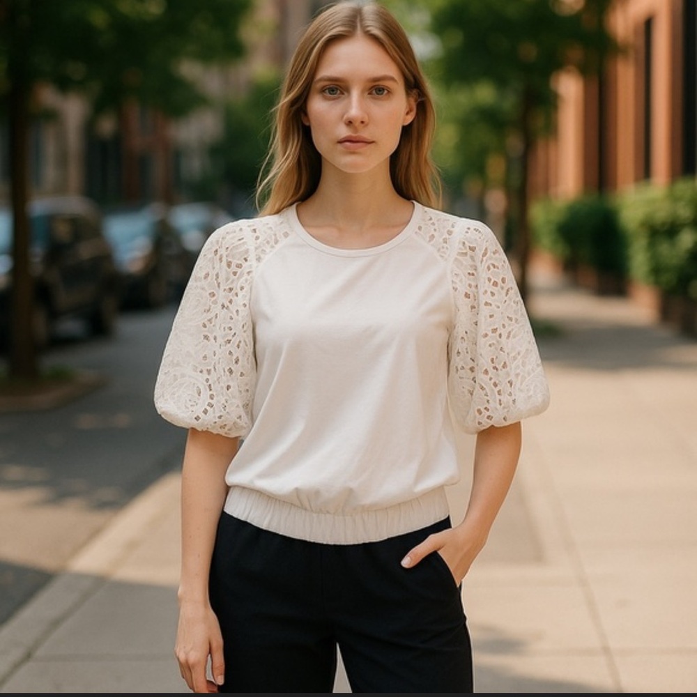 Anthropologie Dolan puff-sleeve top w/ crochet lace knit sleeves med